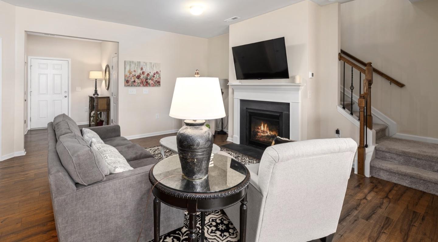 Living room with riverfront views